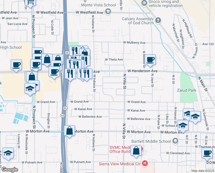 map of restaurants, bars, coffee shops, grocery stores, and more near 716 Fairhaven Circle in Porterville