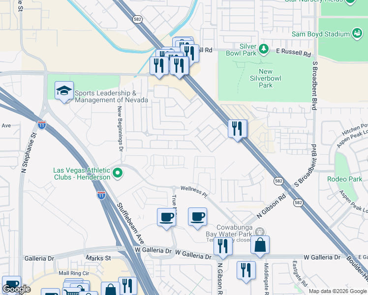 map of restaurants, bars, coffee shops, grocery stores, and more near 6450 Stone Dry Avenue in Henderson