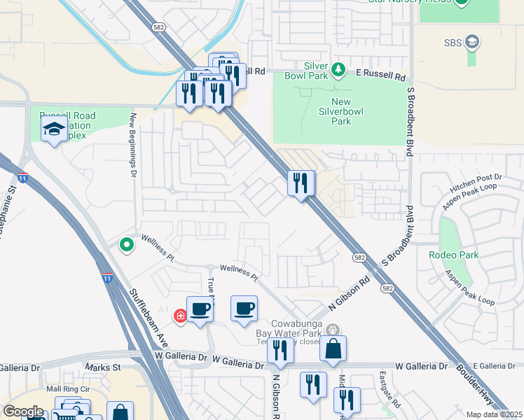 map of restaurants, bars, coffee shops, grocery stores, and more near 6543 Strolling Plains Lane in Henderson