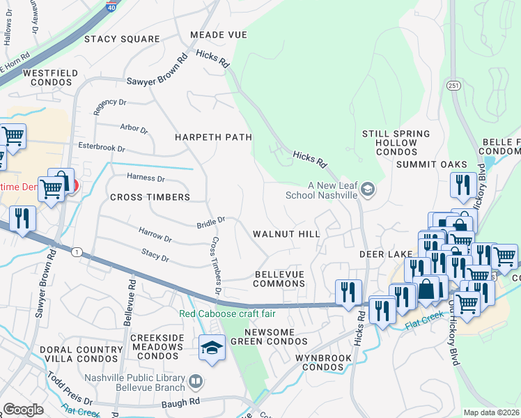 map of restaurants, bars, coffee shops, grocery stores, and more near 825 Stirrup Drive in Nashville