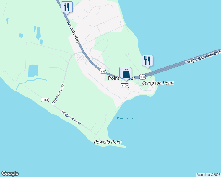 map of restaurants, bars, coffee shops, grocery stores, and more near 107 Acorn Lane in Point Harbor