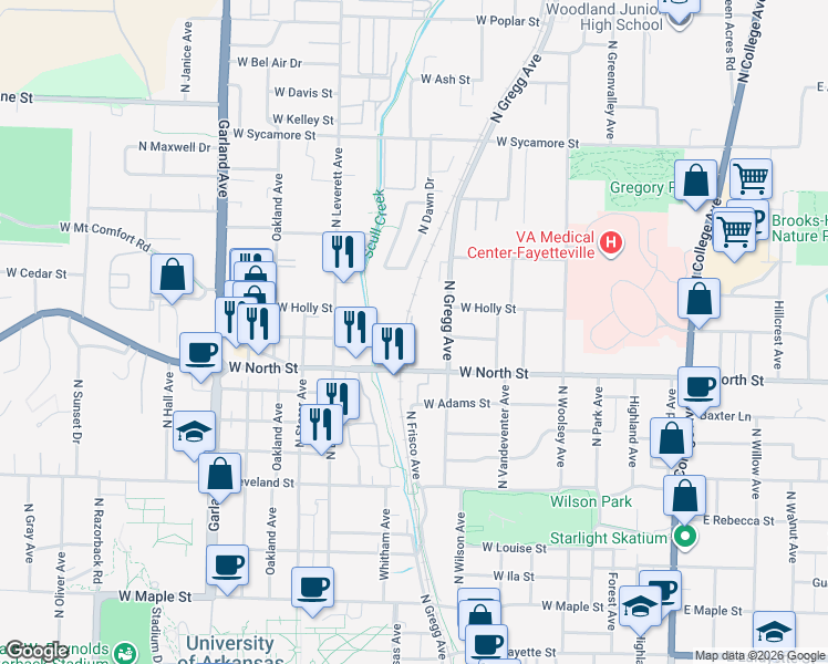 map of restaurants, bars, coffee shops, grocery stores, and more near 1244 North Iron Horse Drive in Fayetteville