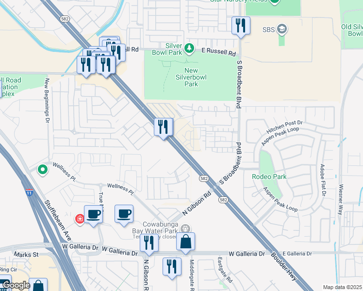 map of restaurants, bars, coffee shops, grocery stores, and more near 6760 Boulder Highway in Las Vegas