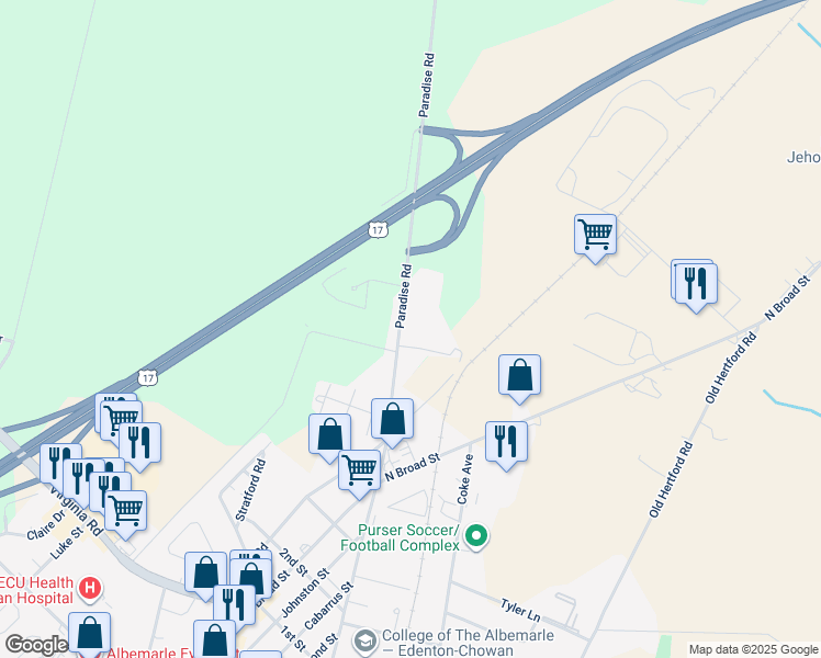 map of restaurants, bars, coffee shops, grocery stores, and more near 1320 Paradise Road in Edenton