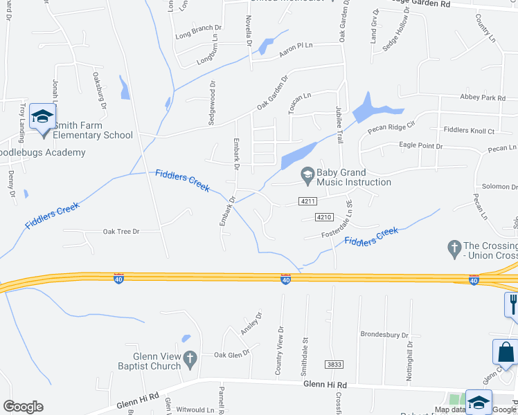 map of restaurants, bars, coffee shops, grocery stores, and more near 2225 Fosterdale West Lane in Kernersville