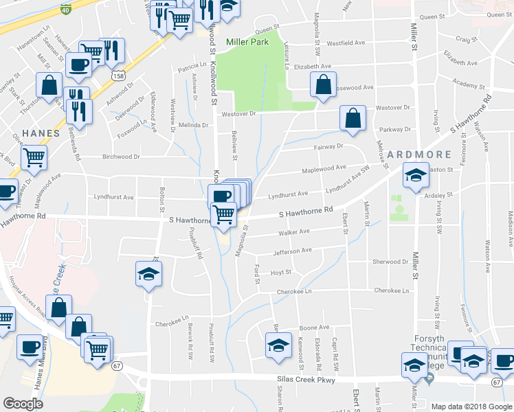 map of restaurants, bars, coffee shops, grocery stores, and more near 1011 Magnolia Street in Winston Salem
