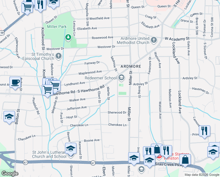 map of restaurants, bars, coffee shops, grocery stores, and more near 1036 Martin Street in Winston-Salem