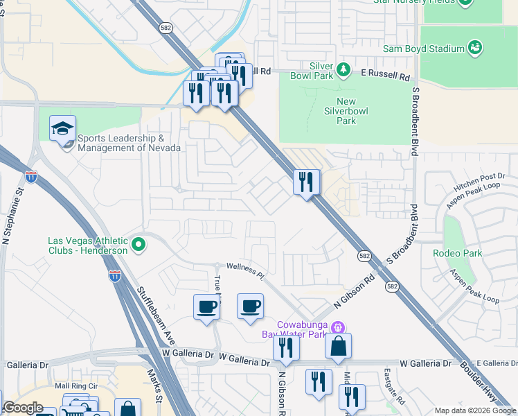 map of restaurants, bars, coffee shops, grocery stores, and more near 6098 Allred Place in Henderson