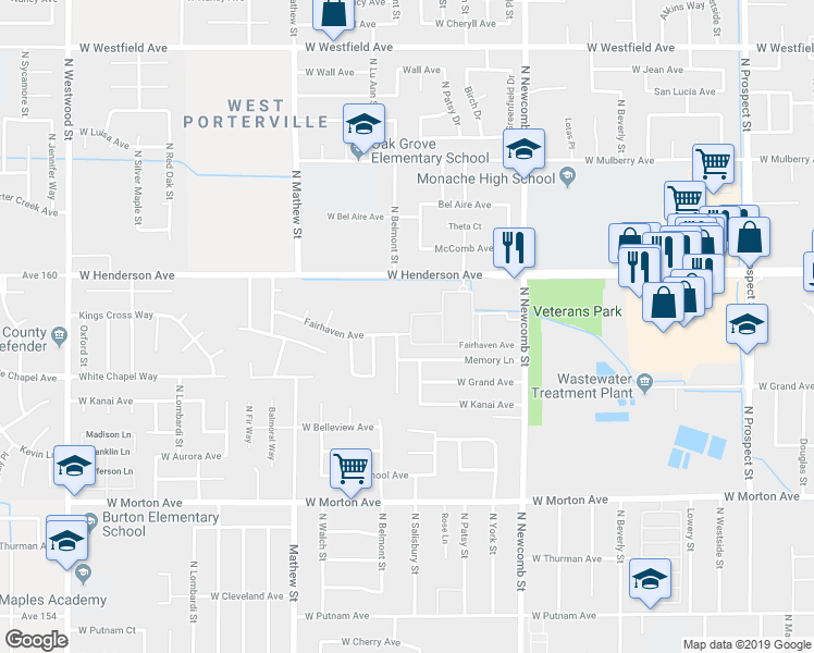 map of restaurants, bars, coffee shops, grocery stores, and more near 1800 Fairhaven Avenue in Porterville