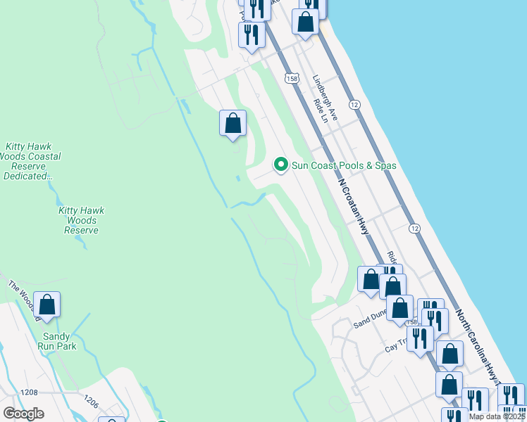 map of restaurants, bars, coffee shops, grocery stores, and more near 4316 Shady Lane in Kitty Hawk
