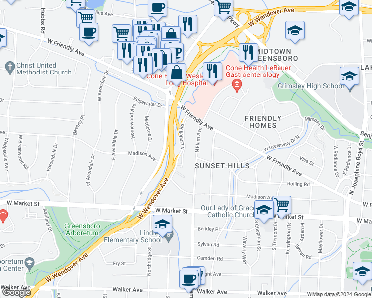 map of restaurants, bars, coffee shops, grocery stores, and more near 227 North Elam Avenue in Greensboro