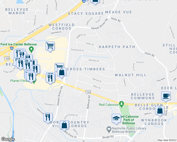map of restaurants, bars, coffee shops, grocery stores, and more near 7460 Harrow Drive in Nashville