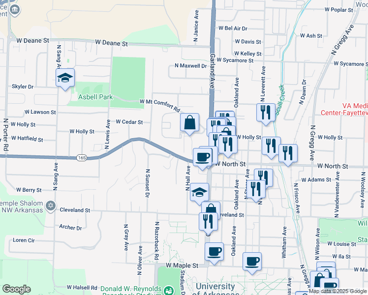 map of restaurants, bars, coffee shops, grocery stores, and more near 1223 Haven Drive in Fayetteville