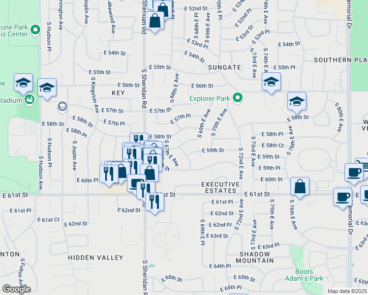 map of restaurants, bars, coffee shops, grocery stores, and more near 5902 South 68th East Avenue in Tulsa