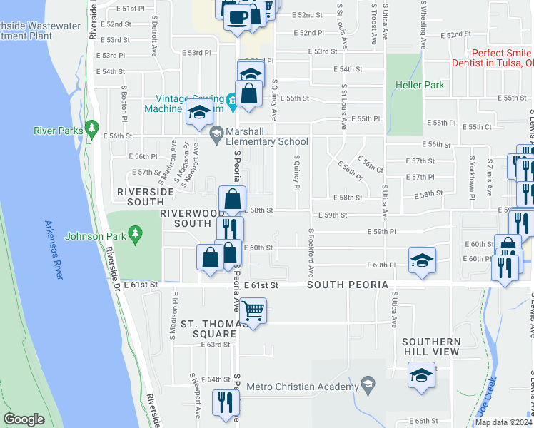 map of restaurants, bars, coffee shops, grocery stores, and more near 1330 East 58th Street in Tulsa
