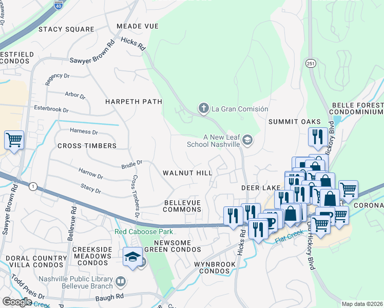 map of restaurants, bars, coffee shops, grocery stores, and more near 505 Wagon Court in Nashville