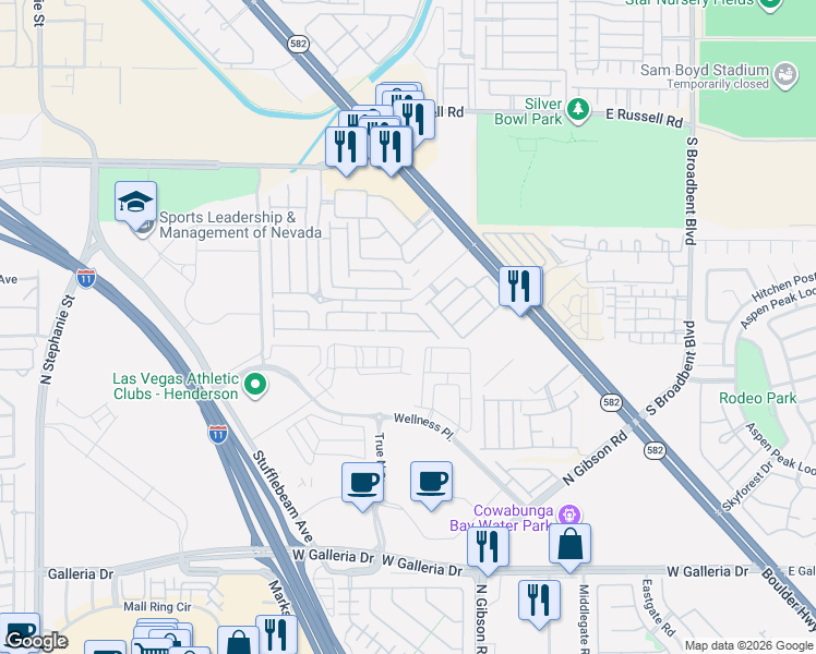 map of restaurants, bars, coffee shops, grocery stores, and more near 6458 Stone Dry Avenue in Henderson