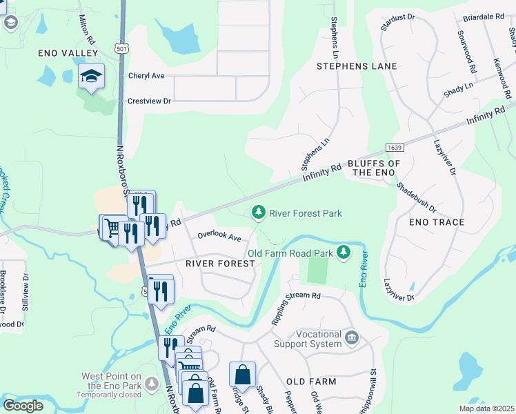 map of restaurants, bars, coffee shops, grocery stores, and more near 115 Windermere Drive in Durham