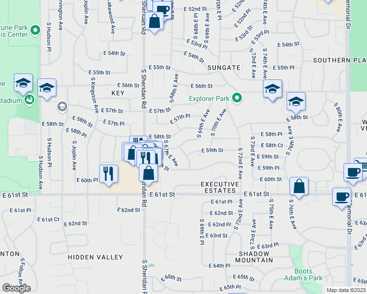 map of restaurants, bars, coffee shops, grocery stores, and more near 5902 South 68th East Avenue in Tulsa