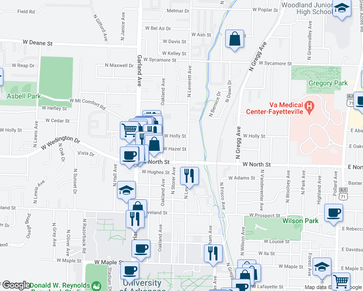 map of restaurants, bars, coffee shops, grocery stores, and more near 1137 North Leverett Avenue in Fayetteville