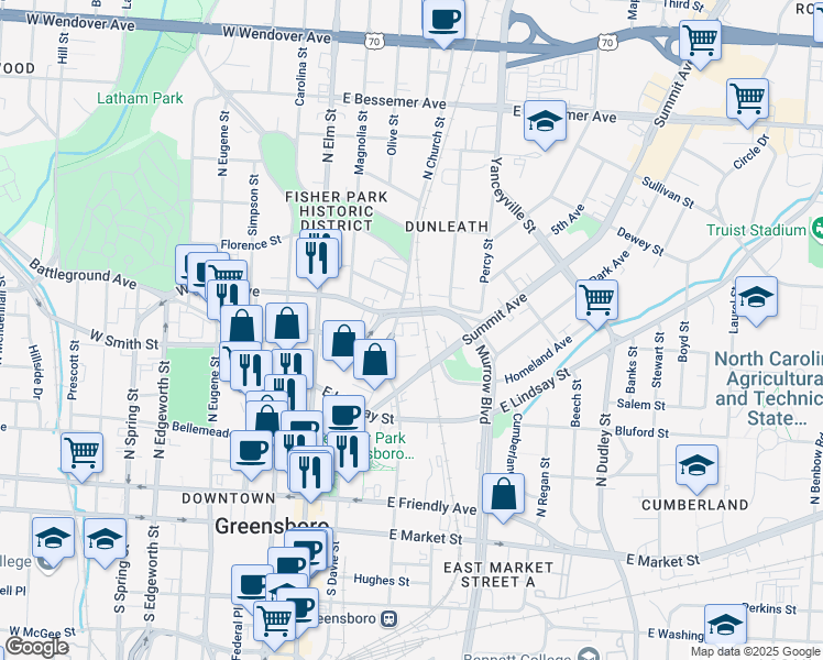 map of restaurants, bars, coffee shops, grocery stores, and more near 450 North Church Street in Greensboro