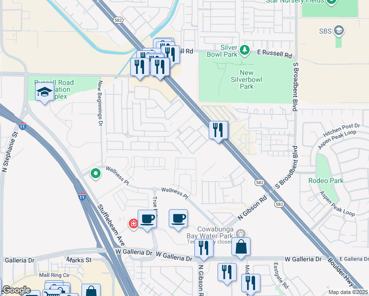 map of restaurants, bars, coffee shops, grocery stores, and more near 6069 Mustang Breeze Trail in Henderson