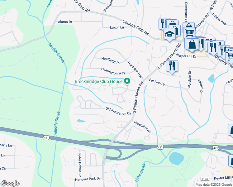 map of restaurants, bars, coffee shops, grocery stores, and more near 410 Chadbourne Court in Winston-Salem