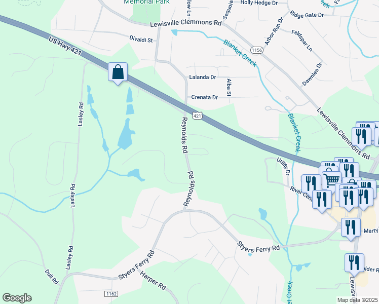 map of restaurants, bars, coffee shops, grocery stores, and more near 1109 Reynolds Road in Lewisville