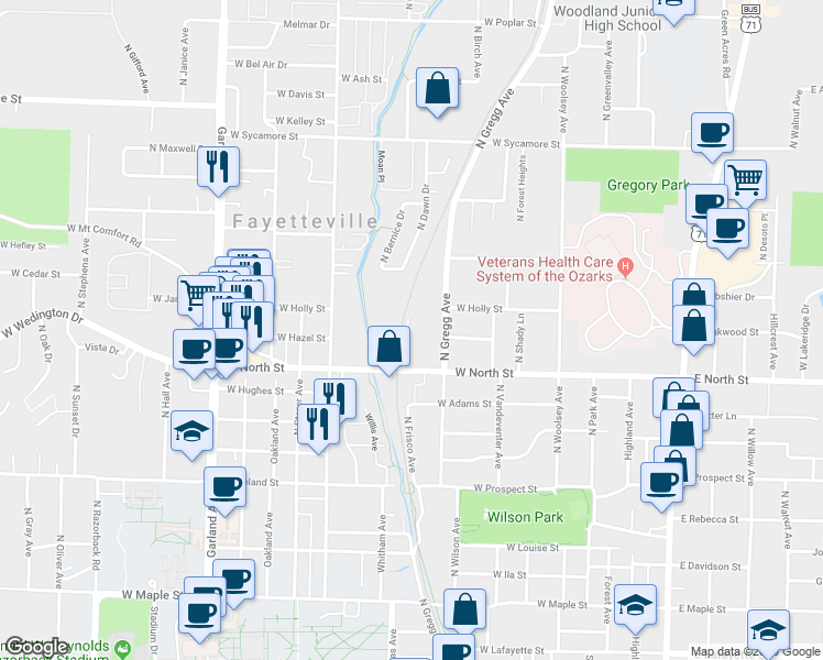 map of restaurants, bars, coffee shops, grocery stores, and more near 1252 North Iron Horse Drive in Fayetteville