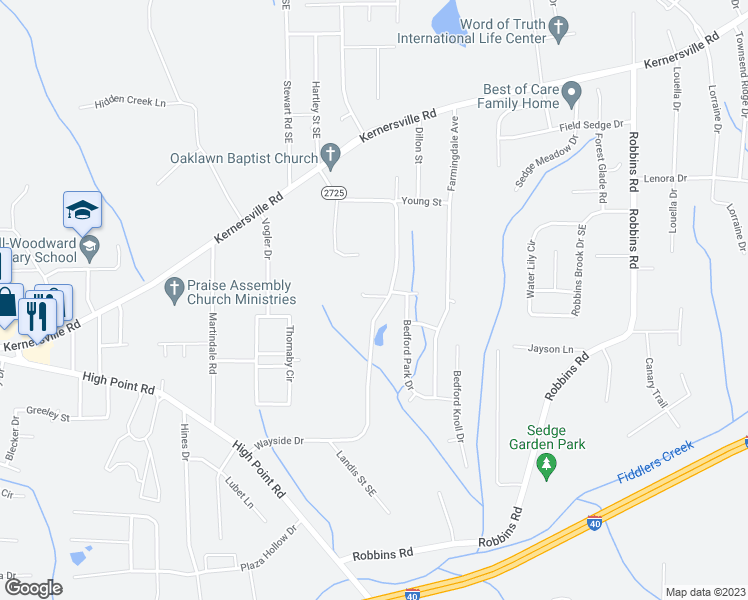 map of restaurants, bars, coffee shops, grocery stores, and more near 3580 Morning Mist Road in Winston-Salem