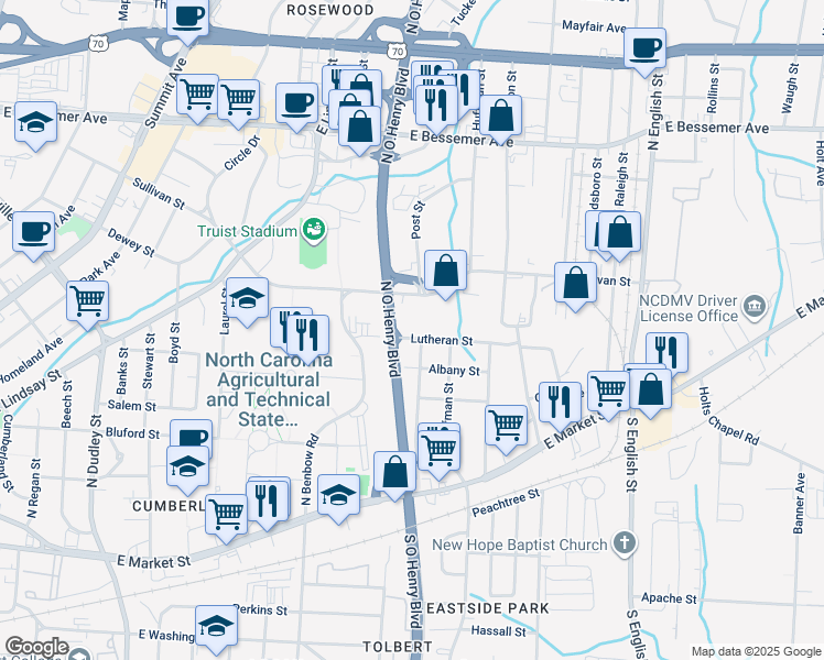 map of restaurants, bars, coffee shops, grocery stores, and more near in Greensboro