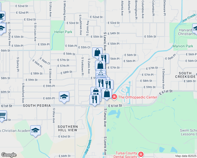map of restaurants, bars, coffee shops, grocery stores, and more near 5922 South Lewis Avenue in Tulsa