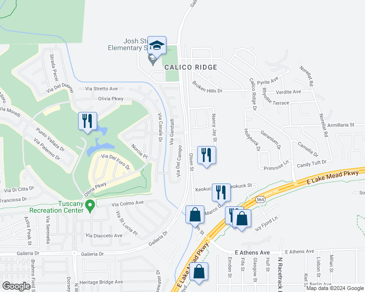 map of restaurants, bars, coffee shops, grocery stores, and more near 988 Via Del Campo in Henderson
