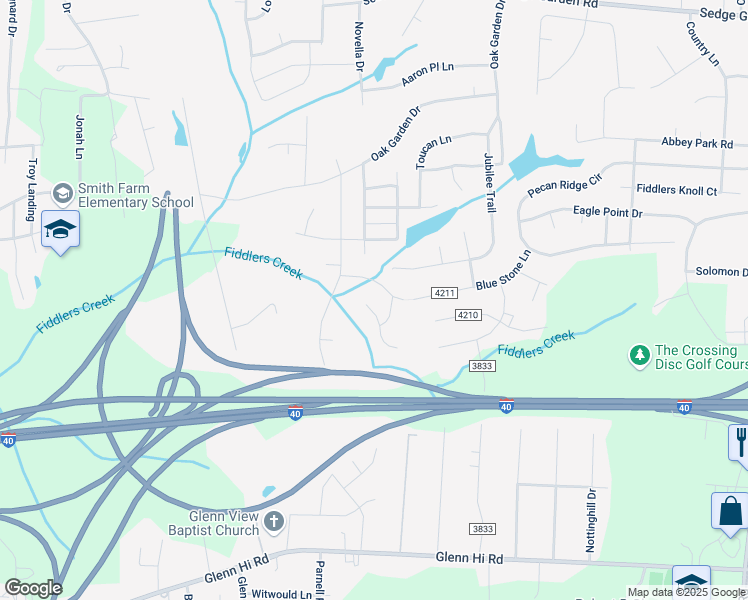 map of restaurants, bars, coffee shops, grocery stores, and more near 2155 Blue Stone Lane in Kernersville