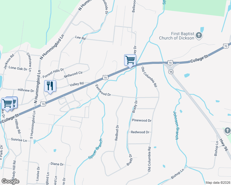map of restaurants, bars, coffee shops, grocery stores, and more near 1412 U.S. 70 in Dickson