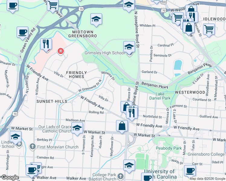 map of restaurants, bars, coffee shops, grocery stores, and more near 1807 Mimosa Drive in Greensboro