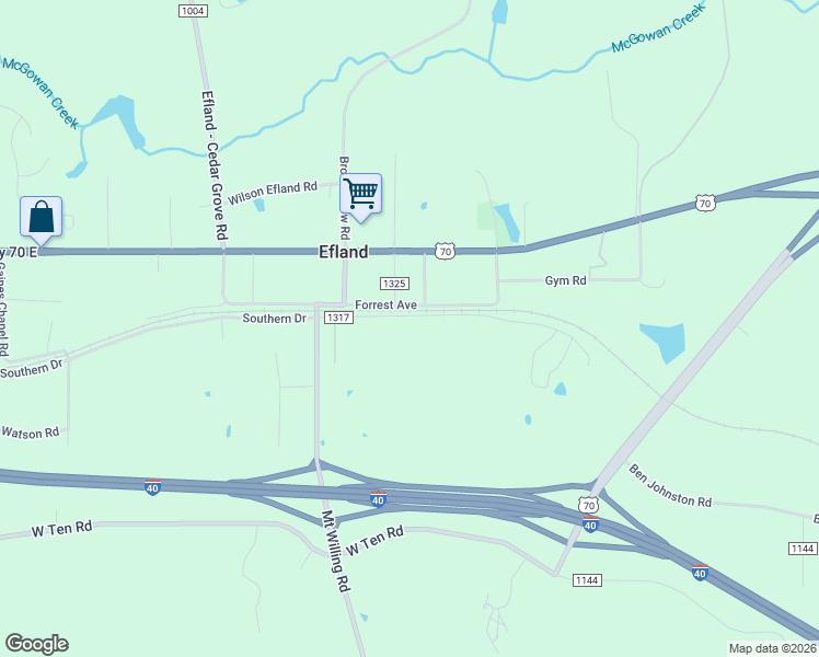 map of restaurants, bars, coffee shops, grocery stores, and more near 3313 Forrest Avenue in Efland