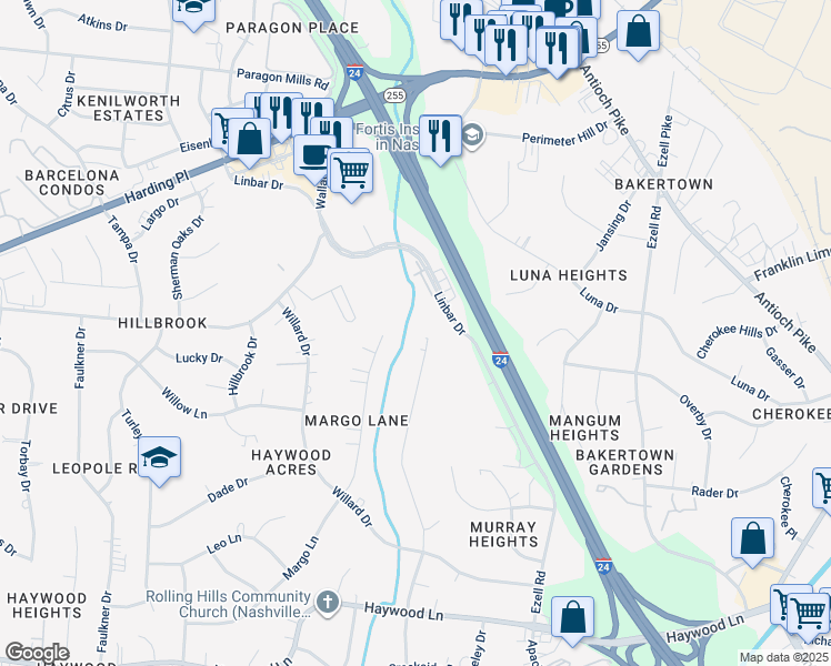 map of restaurants, bars, coffee shops, grocery stores, and more near 5101 Linbar Drive in Nashville