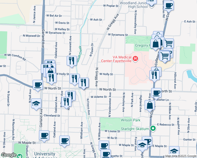 map of restaurants, bars, coffee shops, grocery stores, and more near 440 West Patricia Lane in Fayetteville