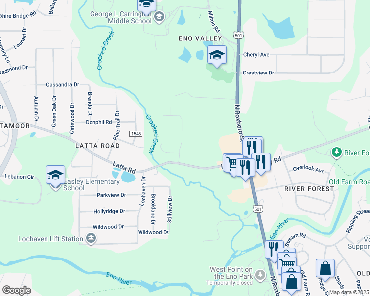 map of restaurants, bars, coffee shops, grocery stores, and more near 5014 McKittrick Lane in Durham