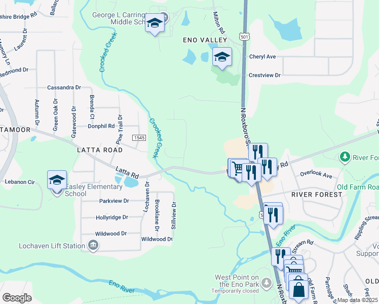 map of restaurants, bars, coffee shops, grocery stores, and more near 5014 McKittrick Lane in Durham