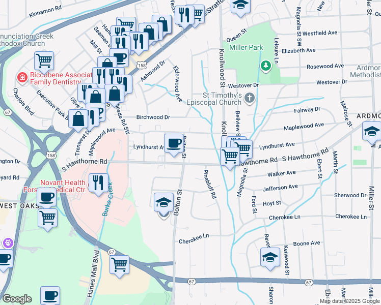 map of restaurants, bars, coffee shops, grocery stores, and more near 2773 Lyndhurst Avenue in Winston-Salem