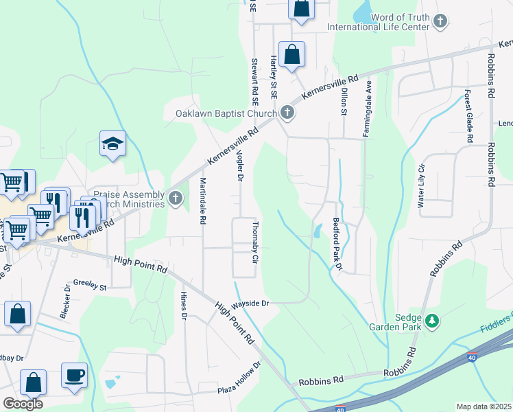 map of restaurants, bars, coffee shops, grocery stores, and more near 143 Vogler Drive in Winston-Salem