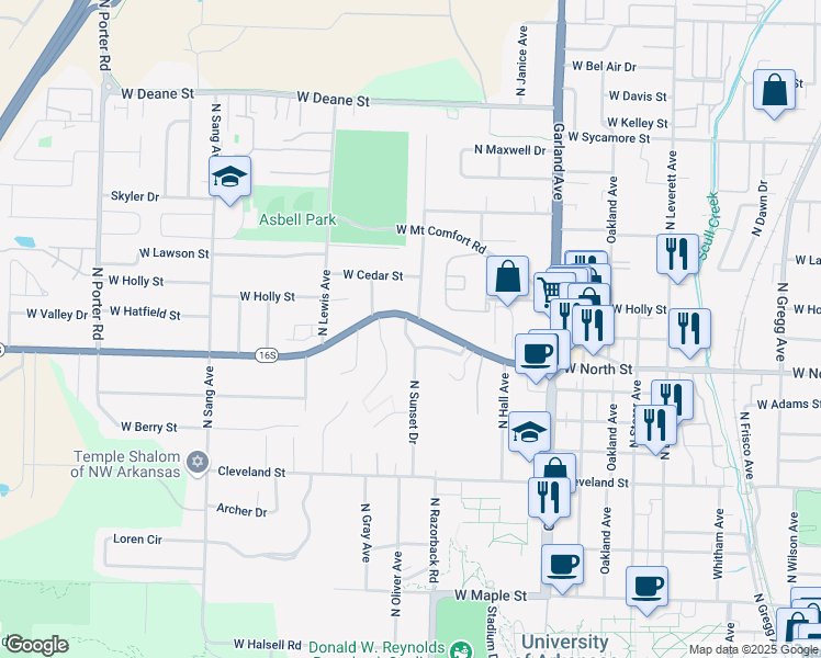 map of restaurants, bars, coffee shops, grocery stores, and more near 1225 North Stephens Avenue in Fayetteville