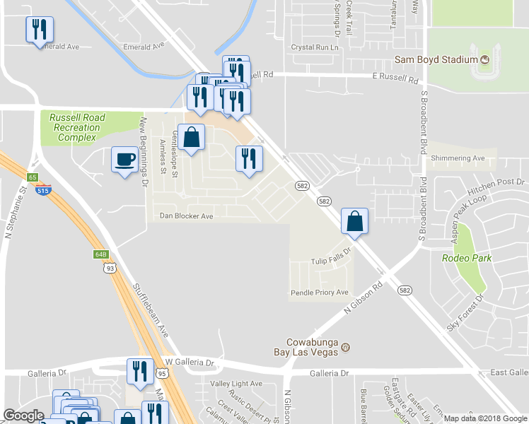 map of restaurants, bars, coffee shops, grocery stores, and more near 6024 Mustang Breeze Trail in Henderson
