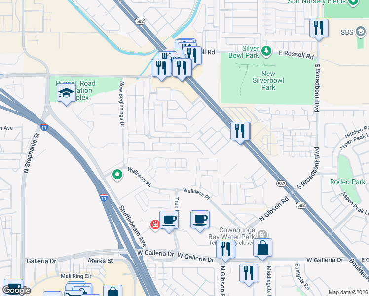 map of restaurants, bars, coffee shops, grocery stores, and more near 6436 Saddle Up Avenue in Henderson