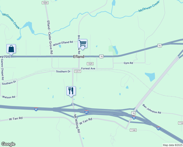 map of restaurants, bars, coffee shops, grocery stores, and more near 3313 Forrest Avenue in Efland