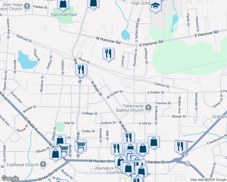 map of restaurants, bars, coffee shops, grocery stores, and more near 716 Burke Street in Graham