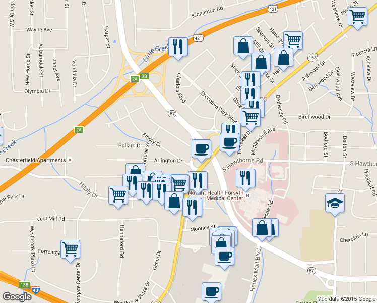 map of restaurants, bars, coffee shops, grocery stores, and more near 204 Swhawthorne Road in Winston-Salem