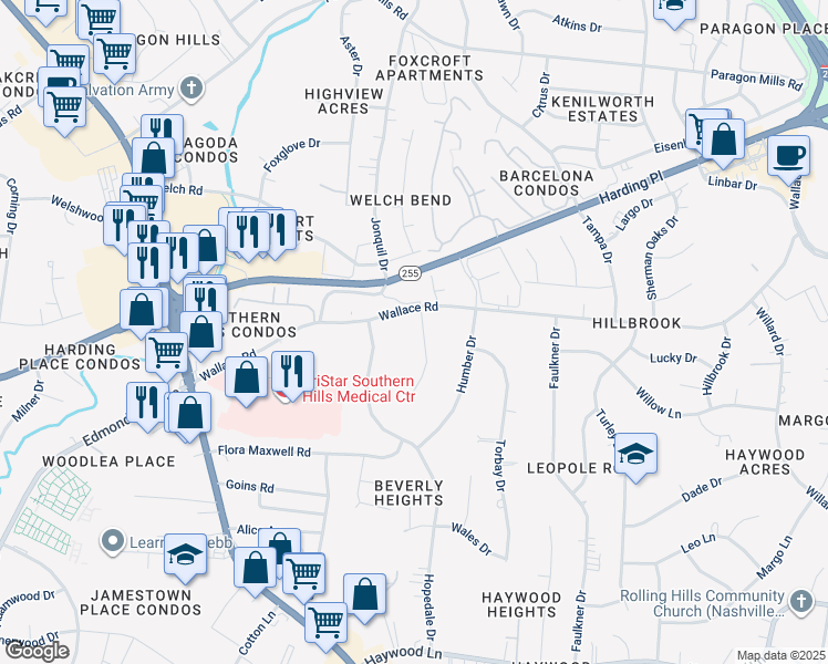 map of restaurants, bars, coffee shops, grocery stores, and more near 4800 Foley Drive in Nashville
